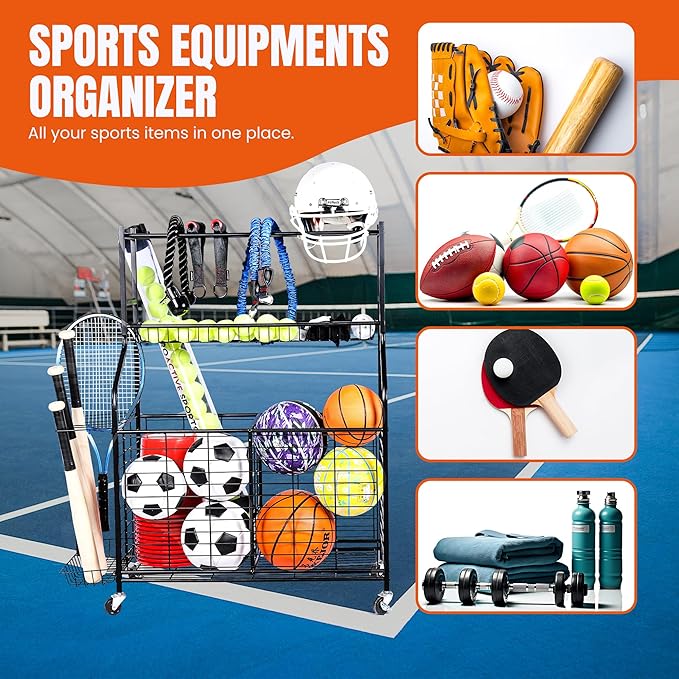 Sports Equipment Organizer - 29.6" W x 42.7" H - Rolling Garage Ball Storage Rack - Golf Bag Storage Stand & Other Sports Equipment & Toys - Indoor/Outdoor Stand - Removable Basket
