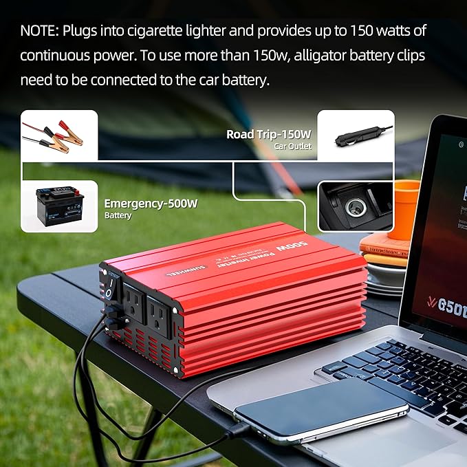 SUNWHEEL 500W Power Inverter DC 12V to 110V AC Car Inverter with 2 x 3.1A USB Ports and Dual AC Outlet, Equipped with 1 Cigarette Lighter and 2 Battery Clamps for Road Trip and Camping