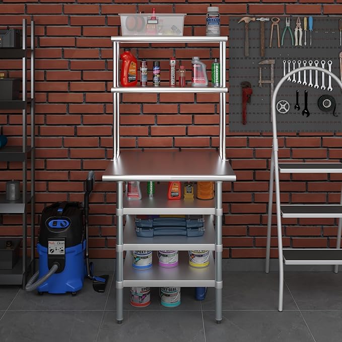 Amgood 30" x 30" Stainless Steel Work Table with 3 Shelves and 12" Wide Double Tier Overshelf | Metal Kitchen Prep Table & Shelving Combo | NSF