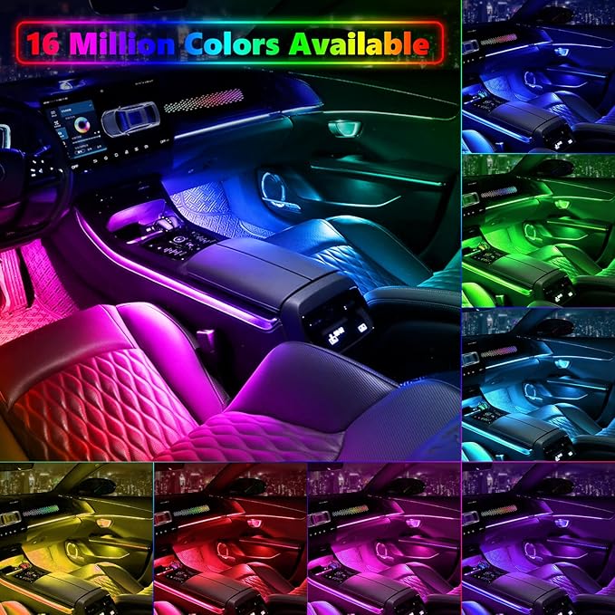 Acrylic Interior Car Light, AMKI Car LED Strip Light with APP Sub Control, Car Accessories Fiber Optic Car Ambient Light Kit with RGB Dreamcolor 22 in 1 and 175 inches 593 LEDs 213 DIY and Music Modes