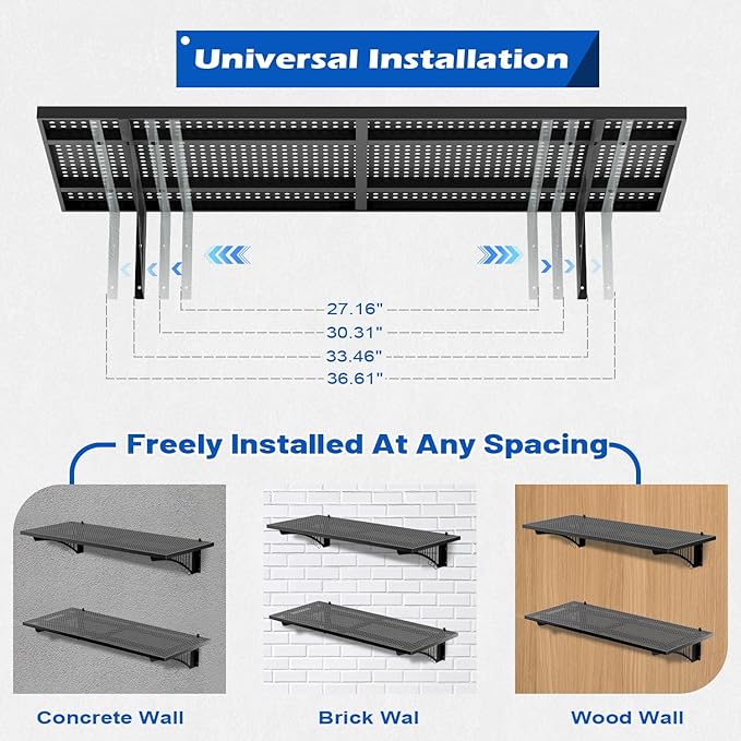 YOLENY 2-Pack 1.64x4FT Adjustable Heavy Duty Garage Wall Shelving, 500lbs Load Capacity Wall Mount Storage Shelf, Garage Storage Rack with Hooks, Metal Floating Shelves Organizer for Workshop