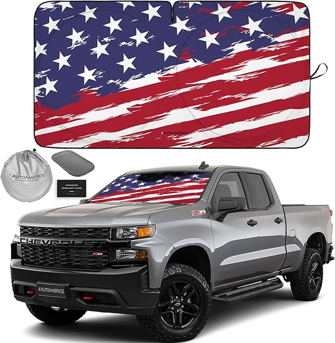 Autoamerics 1-Piece Windshield Sun Shade USA Art Flag - 2 American Design - Foldable Car Front Window Sunshade for Most Sedans SUV Truck - Blocks Max UV Rays and Keeps Your Vehicle Cool - Large