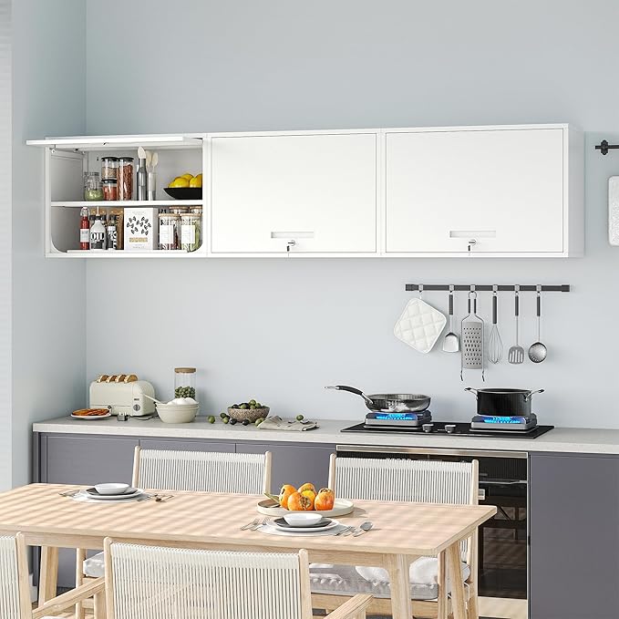 Metal Wall Cabinet with Locking Door and Shelf, Hanging Garage Cabinets with Up-Flip Doors for Garage, Warehouse, Home, Office, Assembly Required (White, One Cabinet)
