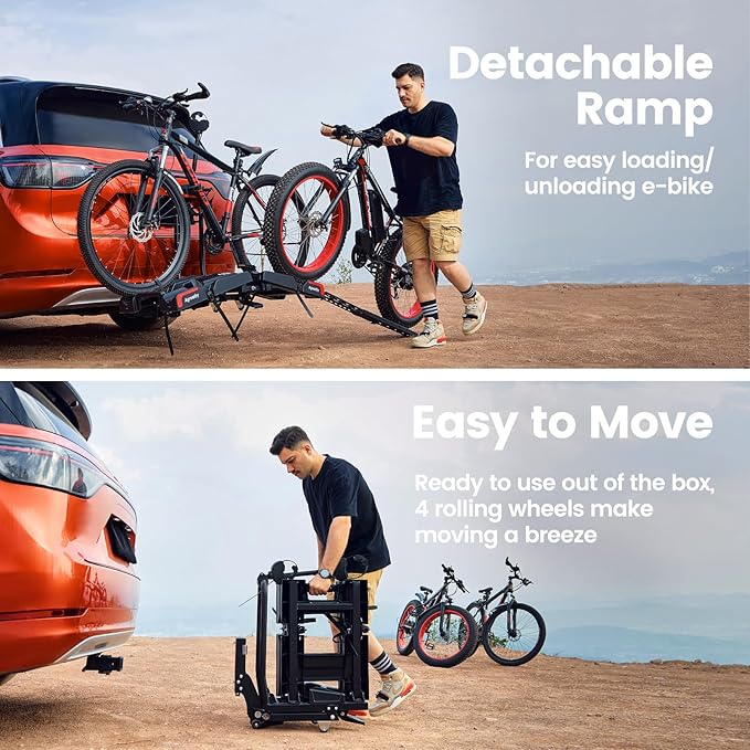 2-Bike Hitch Bike Rack with Ramp - 200 LBS Capacity Fat Tire Ebike Rack, XXL Wheel Straps, Lockable, Foldable & Tiltable - Fits 2" Receivers on Cars, SUVs, Trucks, Trailers - No Installation Needed