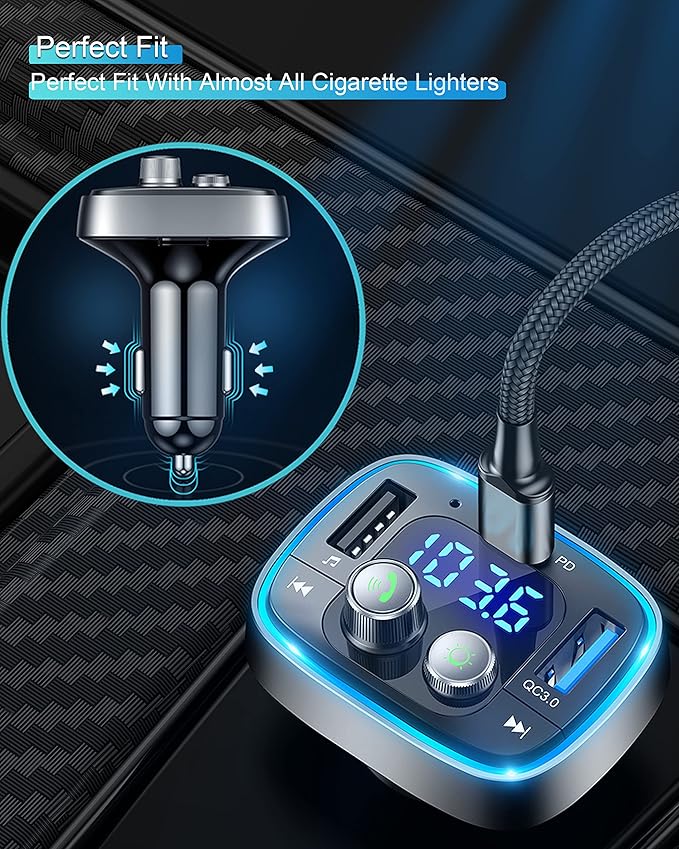 LIHAN USB C Bluetooth Adapter for Car, AUX Wireless FM Radio Transmitter, Handsfree Calling & Audio Receiver, MP3 Music Player, QC3.0 & Type-C PD USB Charger,7 Colors LED Backlit