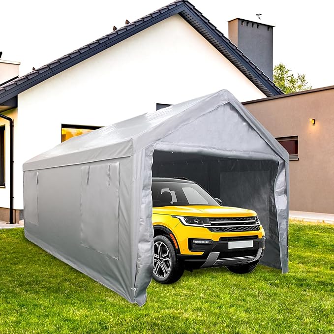 Auraway Carport 12'x20' All-Season Portable Garage Carport, Heavy-Duty Canopywith Roll-Up Vent Windows, Front and Rear Zip Doors, Sandbags, for Cars, Motorcycles and Outdoor Storage (Grey)