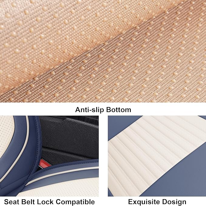 LINGVIDO Car Seat Covers, Breathable and Waterproof Faux Leather Automotive Seat Covers for Cars SUV Truck Sedan,Universal Anti-Slip Seat Cover with Backrest (Front Seat, White & Blue)
