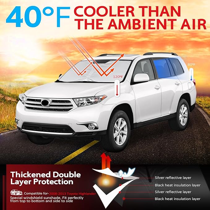 KAYZT Windshield Sun Shade for 2008-2013 Toyota Highlander Foldable Sunshade Front Window Custom Fit Car Accessories