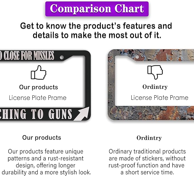 License Plate Frames Black and White License Plate Cover Too Close Missiles Switching to Guns Aluminum Metal Car Accessory 2 Pack with Screw Covers Set