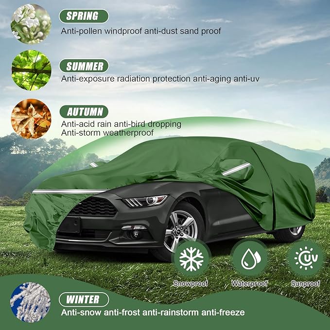 BOSSTONE Car Cover Custom Fit for Ford Mustang 1994-2025, Waterproof All Weather for Automobiles Full Exterior Cover Rain Sun Snow Protector with Door Zipper (Green)