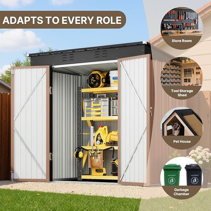 Bealife Outdoor Storage Shed Clearance, Metal Outdoor Storage Cabinet, Waterproof Tool Shed, Lockable Backyard Shed for Garden, Patio and Lawn (Brown, 6' x 4')