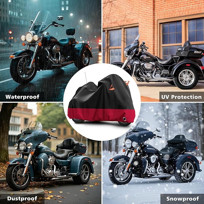 Trike Motorcycle Cover, Outdoor Waterproof Vehicle Cover with Windproof Buckle Reflective Strip for Harley Davidson, Honda Gold Wing, Kawasaki 3 Wheel Motorcycle Accessories (Black&Red)