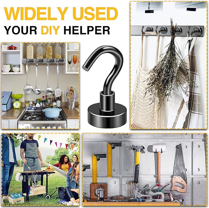 DIYMAG Magnetic Hooks for Refrigerator, Extra Strong Cruise Hook, Heavy Duty Earth Magnets with Hook for Hanging, Magnetic Hanger for Cabins, Grill (45P-Black)