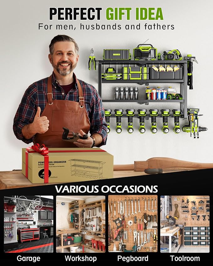 MAXIFFE 4 Layer Power Tool Organizer Wall Mount, Heavy Duty Metal Cordless Tool Organizers and Storage Rack Holder with 9 Drill Holders for Garage Storage Organization, Gifts for Men, Black, 26 inch