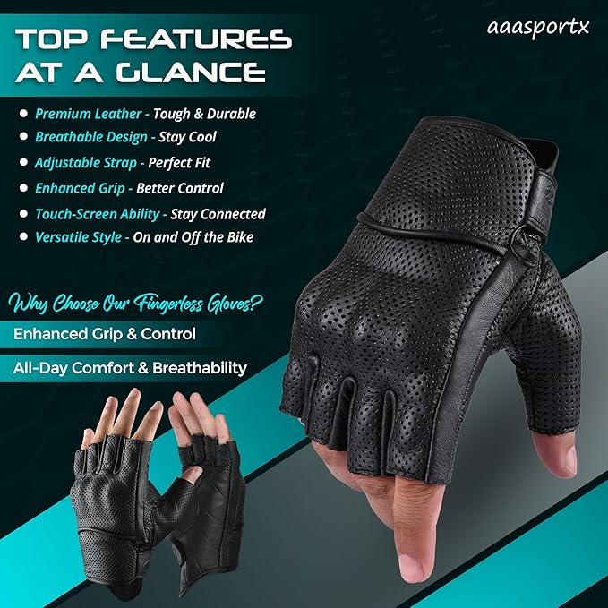 aasportx Motorcycle Gloves - Men's Leather Motorbike Gloves with Touchscreen Function - Non-Slip Pads for Men & Women