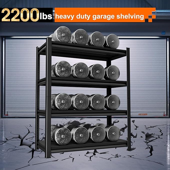 Garage Storage Shelves Heavy Duty, 48”W Garage Shelving and Storage Rack, 2200LBS Loads Shelving Units, Adjustable 4-Tier Metal Shelves for Garage, Warehouses, 48”W×16”D×63”H,Black