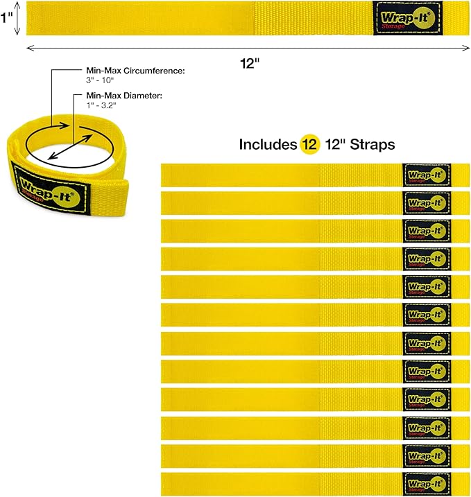 Quick-Straps by Wrap-It Storage - 12" (12 Pack) Yellow - Extension Cord Holder for RV and Boat Organizing