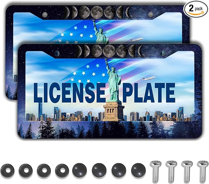License Plate Frame Multicolor License Plate Cover Forest Starry Night Moon Phase Universal Aluminum Car Accessory 2 Pack with Screw Covers Set