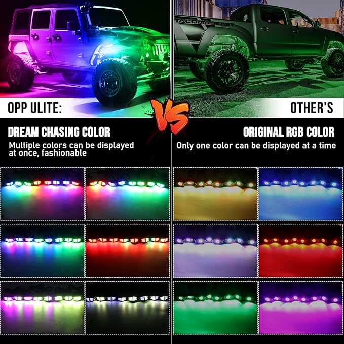 OPP ULITE Dream Chasing Color Led Rock Lights, 210° Luminous RGB & Pure White, Smartphone APP & RF Remote Control RGBW Underglow Interior Light for Jeep Truck SUV Car JK UTV ATV RZR Offroad Boat, 8Pod
