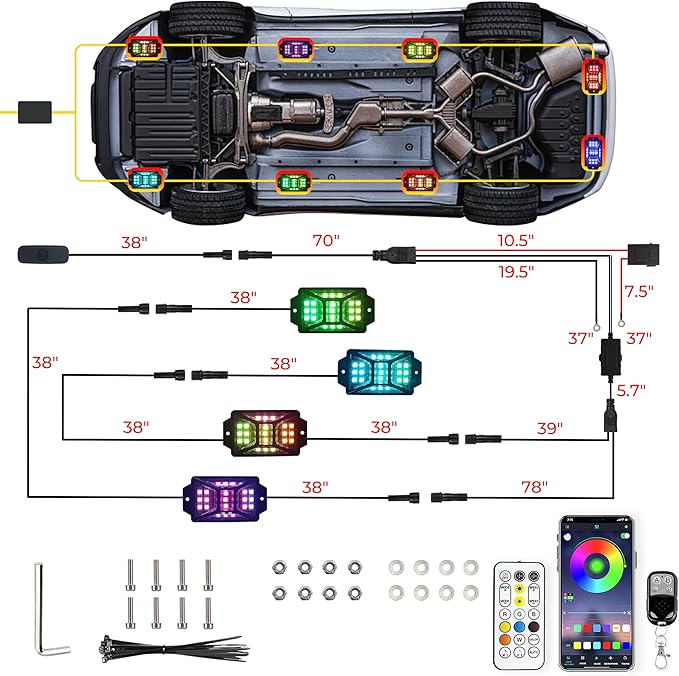 4 Pods 84 LEDs 5 Sides RGB Rock Lights, App/Remote Control Rock Lights for Trucks, Waterproof Multi-Color Bright Underglow Kits with Music Mode, Compatible with 12V-24V Jeep UTV SUV ATV Golf RZR