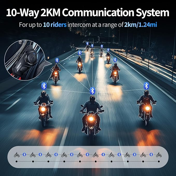 Motorcycle Helmet Bluetooth Headset, 10 Way 2KM Helmet Communication System, Multitasking Audio Motorcycle Intercom, 2 Mics&40mm Speaker, 2 Pack