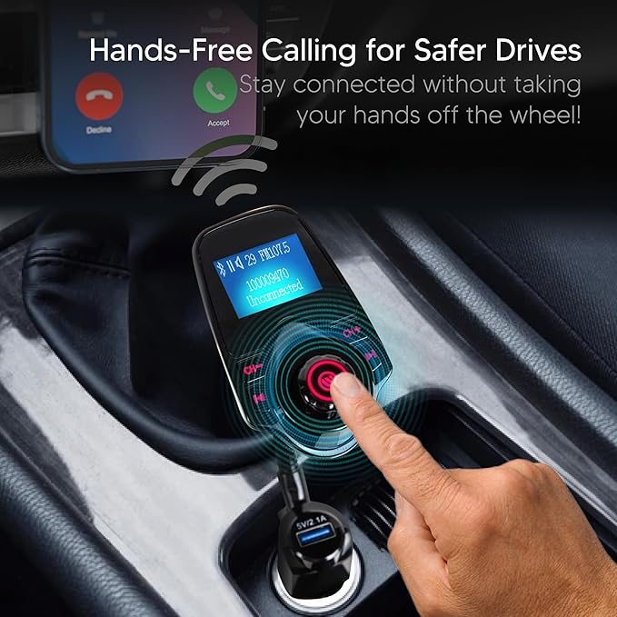 ONN Upgraded 2025 Car Bluetooth FM Transmitter – 1.44" Display, Flexible Gooseneck, Hands-Free Calls, Wireless Music Player, Radio Adapter, USB Charger, Micro SD Card & AUX Support