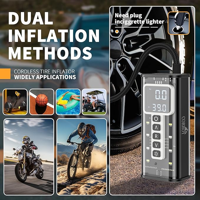 Tire Inflator Portable Air Compressor – 20000mAh Battery, 150PSI Cordless Bike Pump, Dual 12V DC Power, Tire Pressure Gauge, Air Pump for Fast 5X Inflation for Cars, SUVs, Bikes & Balls