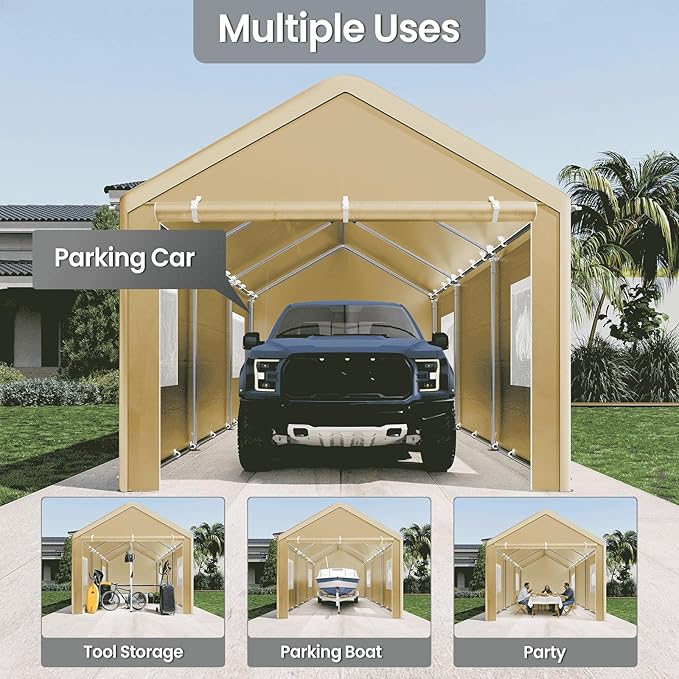 Carport 10x20 Ft, Heavy Duty Car Canopy with Reinforced Ground Bar, Portable Garage with Roll-up Windows and Removable Sidewalls, Galvanized Car Shelter, Large Outdoor Storage Shed (Yellow)
