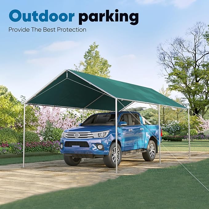 Quictent 10x15 ft Heavy Duty Car Canopy Galvanized Frame Carport Outdoor Party Tent Boat Shelter with 3 Reinforced Steel Cables - Green