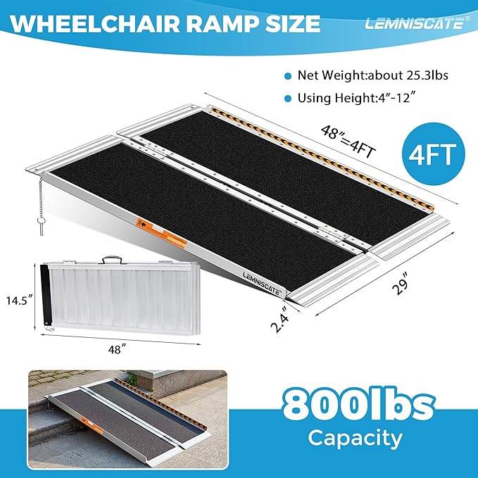LEMNISCATE Wheelchair Ramp, 4FT Ramps for Wheelchairs for Home, Non-Skid Threshold Ramp for Doorways, Curbs, Foldable Aluminum Ramp, Portable Wheelchair Ramp for Home Steps, 48" L x 29" W