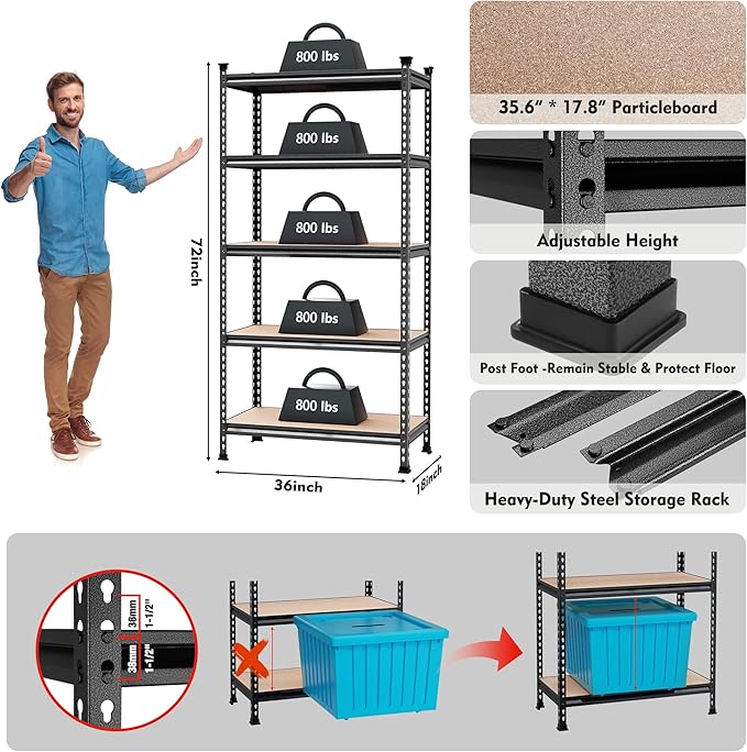 WORKPRO 5-Tier Metal Storage Shelving Unit, 36”W x 18”D x 72”H, Adjustable Storage Rack Heavy Duty Shelf with Particle Board, 4000 lbs Load Capacity (Total) for Garage Warehouse, Pack of 10