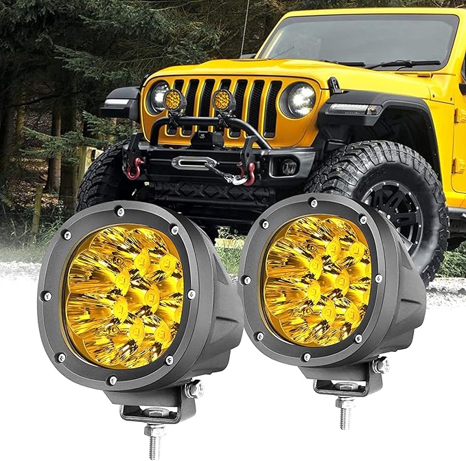 YCHOW-TECH 2PCS 4 Inch LED Amber Fog Lights 90W Yellow Round Offroad Light Bar Flood Beam Off Road LED Pods Bumper Ditch Lights Driving Work Light for Truck Boat Pickup ATV UTV SUV