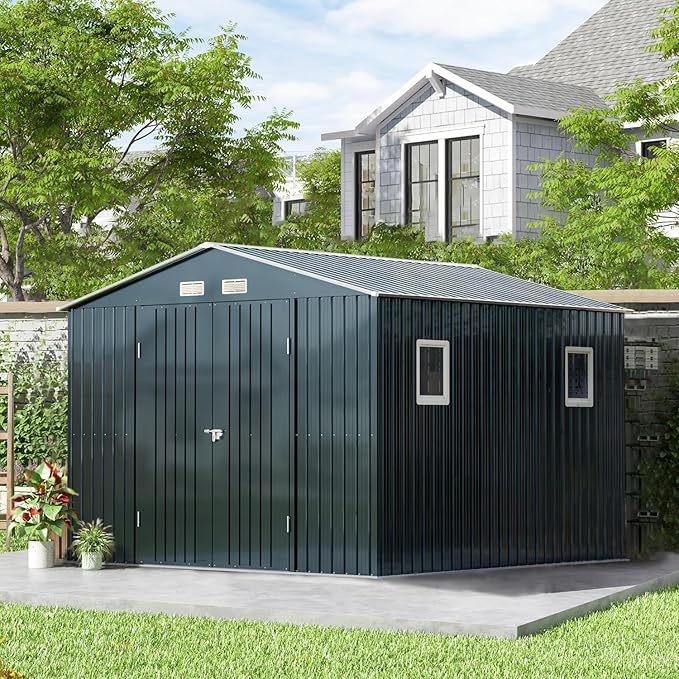 Breezz Outdoor Storage Shed 10X10FT. Utility Tool Shed Metal Storage Garden Shed with Lockable Doors, Windows & Metal Frame Floor for Patio Storage, Nightblue
