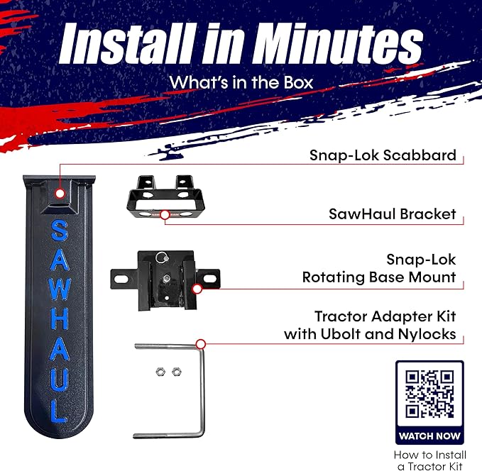 SawHaul Snap-Lok Universal Chainsaw Carrier Kit for Tractors and Skid Steers – 20 Inch Blue Scabbard with Rotating Mount – Compatible with All Chainsaw Brands – Made in USA