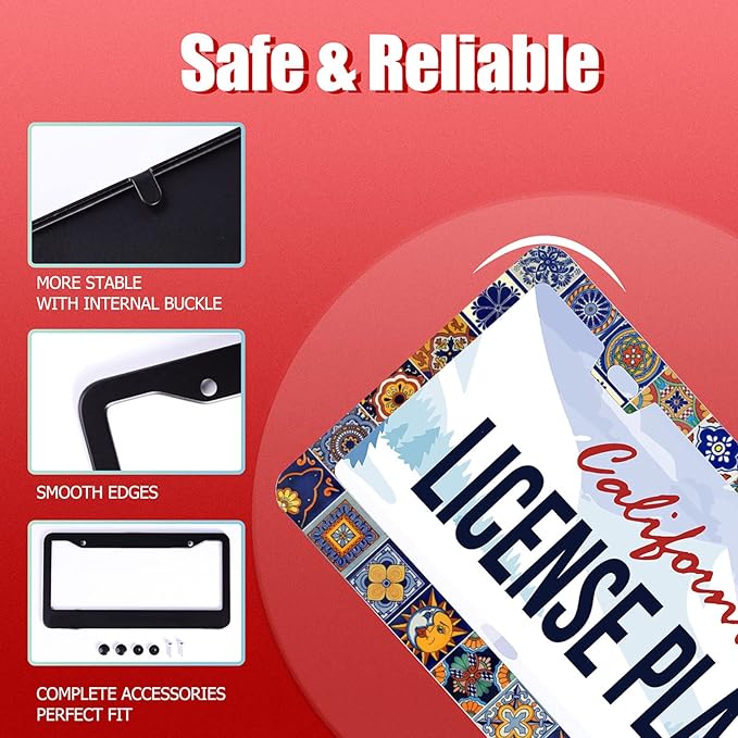 【2Pcs】 Mexican Tiles License Plate Frames Mandala Boho License Plate Frame Car Universal Stainless Steels Accessories Cars Decor with 2 Holes and Screws Fits Standard US Vehicles Size: 12.2 x 6 Inches