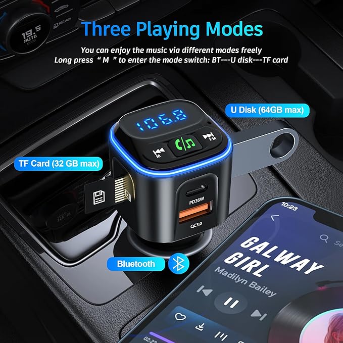 Bluetooth 5.3 FM Transmitter Car Adapter [PD36W & QC18W] [Fast Charging] Wireless Radio Adapter HiFi Bass Sound Hands-Free Calling LED Display with Light Switch Support Bluetooth/U Disk/TF Card