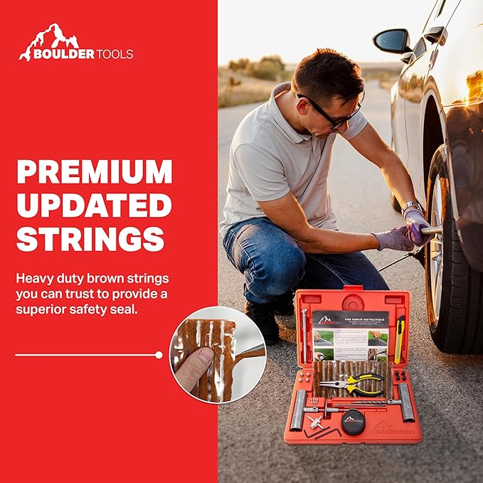 Boulder Tools | Heavy Duty Tire Repair Kit - Flat Tire Patch Kit, Tools for Quick and Easy Repair - Tire Plugs Kit Suitable for Car, Truck, RV, SUV, ATV, Motorcycle, Tractor, Bike & Trailer