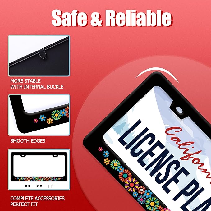 Colorful Hippie Flowers License Plate Frame Beautiful Floral License Plate Frames Stainless Steel Accessories Cars Decor with 2 Holes and Screws Fits Standard US CA Vehicles Size 12.2 x 6 Inches