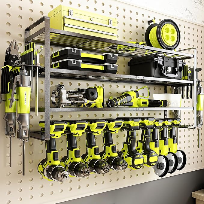 KAFAHOM Power Tool Organizer Wall Mount, 9 Drill Holders for Garage Organization,4 Layer Power Tool Rack,Tool Organizer and Storage with 2 New Accessories, Gifts Idea for Men/Dad/Husband