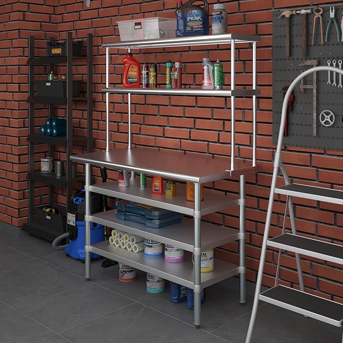 Amgood (24" x 48" Stainless Steel Work Table with 3 Shelves and 12" Wide Double Tier Overshelf | Metal Kitchen Prep Table & Shelving Combo | NSF