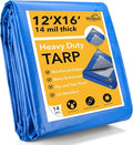 Tarp 12x16 Feet 14 Mil Heavy Duty Waterproof Tarp, Large Multipurpose Cover with Brass Grommets and Reinforced Edges, UV Resistant Thick Poly Tarps for Outdoor Camping Tent Pool Car, Blue