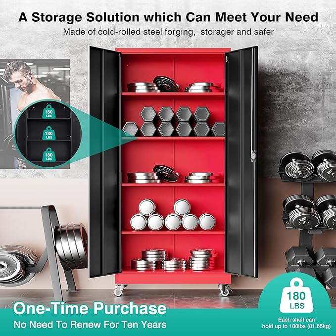 SISESOL 75" Tall Metal Storage Cabinet with Wheels,Rolling Garage Storage Cabinet with Lock,Red Metal Cabinets on Wheels,Locking Tool Cabinets on Wheel for Garage,Home,Office,Shop