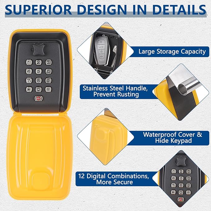 Car Window Punch Button Lock Box, Yellow Portable Car Key Lock Box with Key Labeling Tag, Sturdy Waterproof Large Capacity Lock Box for Turo, Ride Share, GetAround