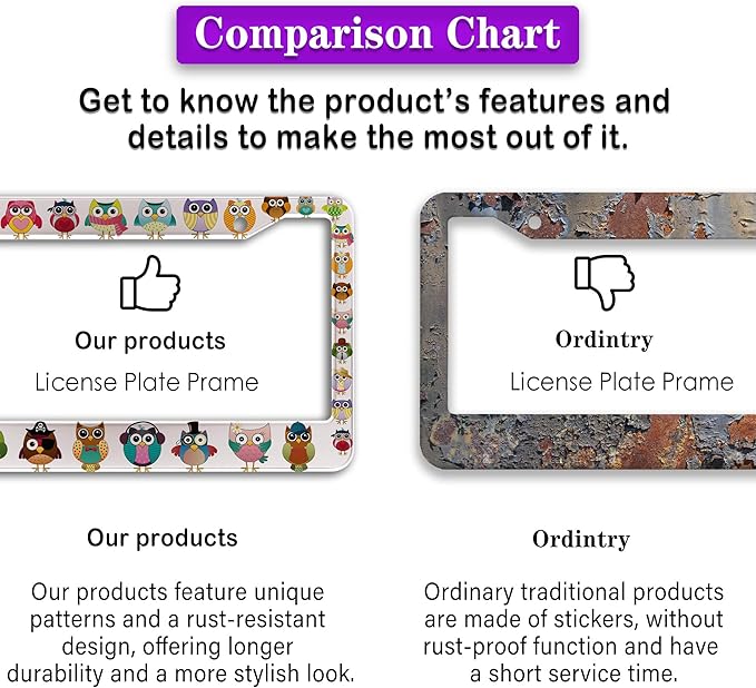 License Plate Frames for Women Multicolor License Plate Frame for Men Cute Owl Universal Aluminum Car Accessory 2 Pack with Screw Covers Set