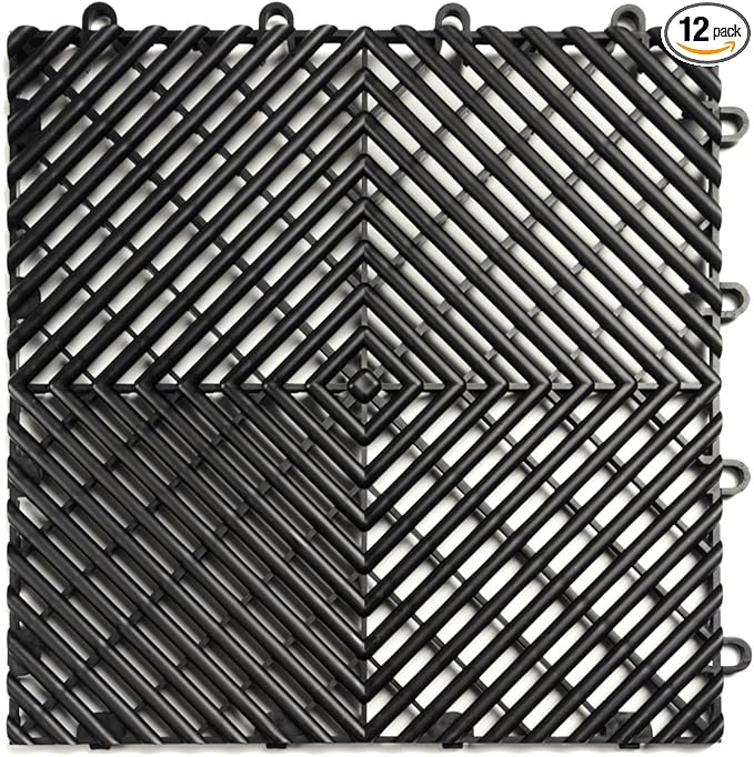 Big Floors RaceDeck Free-Flow Interlocking Garage Flooring Tiles, Non-Slip, Self-Draining, Heavy-Duty, High-Impact Copolymer, Easy Install (Black, 12 Pack of 12 x 12" Tiles)