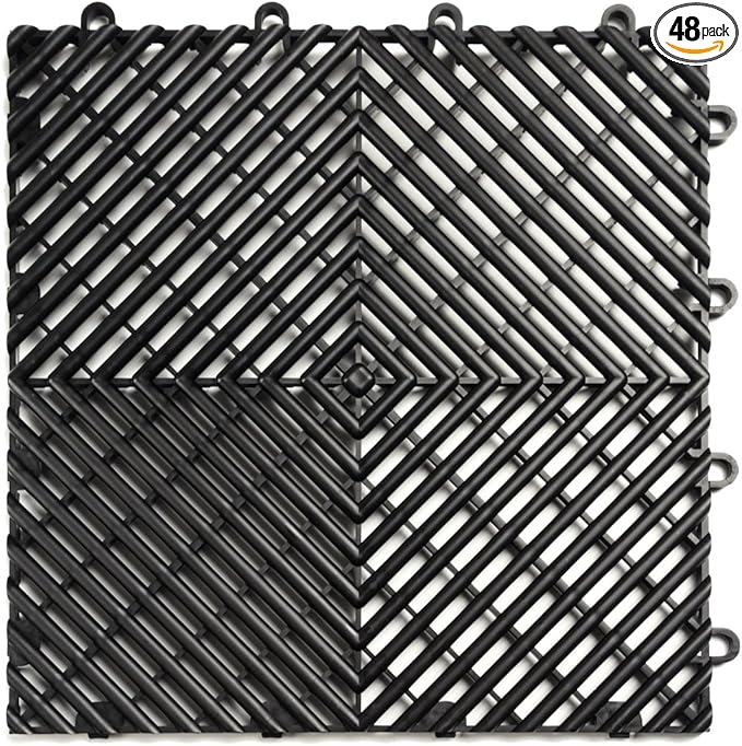 Big Floors RaceDeck Free-Flow Interlocking Garage Flooring Tiles, Non-Slip, Self-Draining, Heavy-Duty, High-Impact Copolymer, Easy Install (Black, 48 Pack of 12 x 12" Tiles)