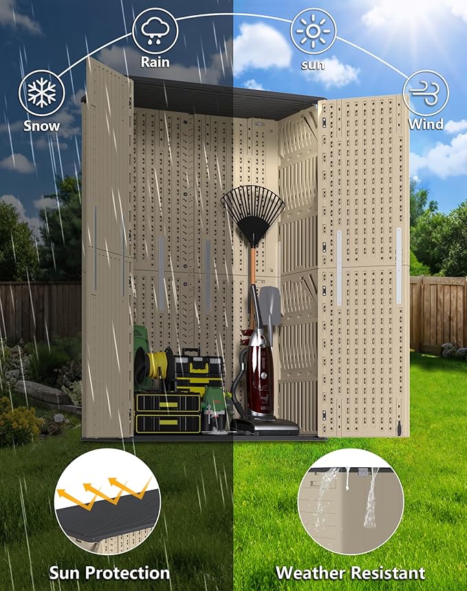60 Cu.Ft Vertical Outdoor Storage Shed, Weatherproof Outdoor Tall Cabinet, Lockable Resin Shed with Double-Wall Panels and Floor for Garden, Garage, Patio(Shelves Not Included)