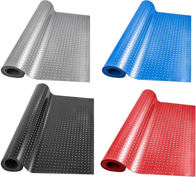 Boshen 5Ft x 7.5Ft Garage Floor Mat 2.5mm Thickened Rubber Flooring Roll 37.5sqft Diamond Plate PVC Rubber Trailer Mat Non-Slip Floor Protector Mat for Garage Warehouse Basement Trailer - Black