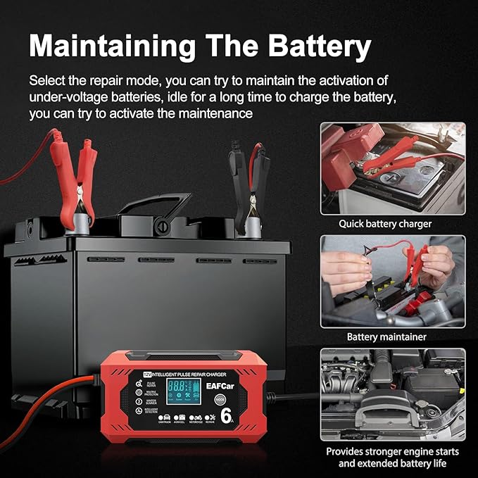 6-Amp Battery Charger, 12V Trickle Charger Car Battery Charger, Smart Automatic Lead Acid Charging with Temperature Compensation for Car Truck Lawn Mower Boat Marine(6A)