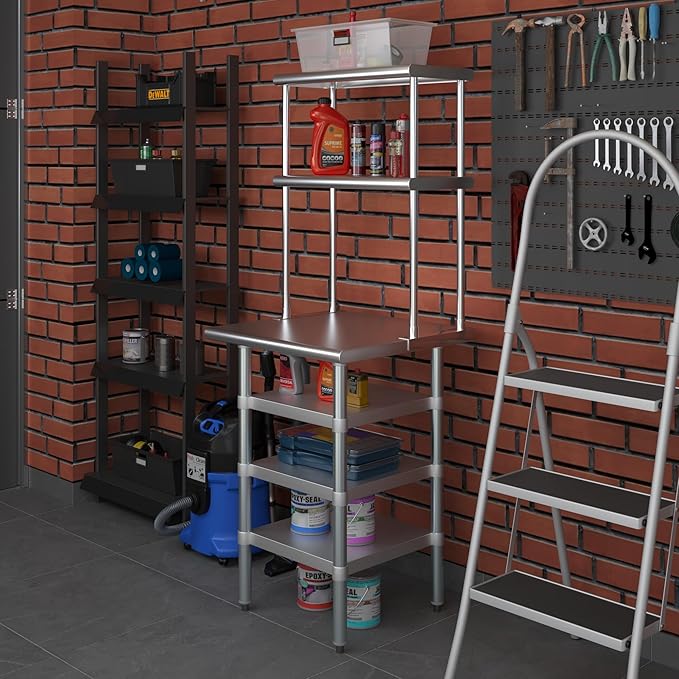 Amgood 24" x 24" Stainless Steel Work Table with 3 Shelves and 12" Wide Double Tier Overshelf | Metal Kitchen Prep Table & Shelving Combo | NSF